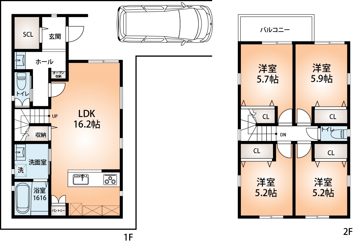 建物プラン例(Ｂ号地)4LDK、土地価格3787万5000円、土地面積100.19m2、建物価格2005万円、建物面積100.44m2(間取)