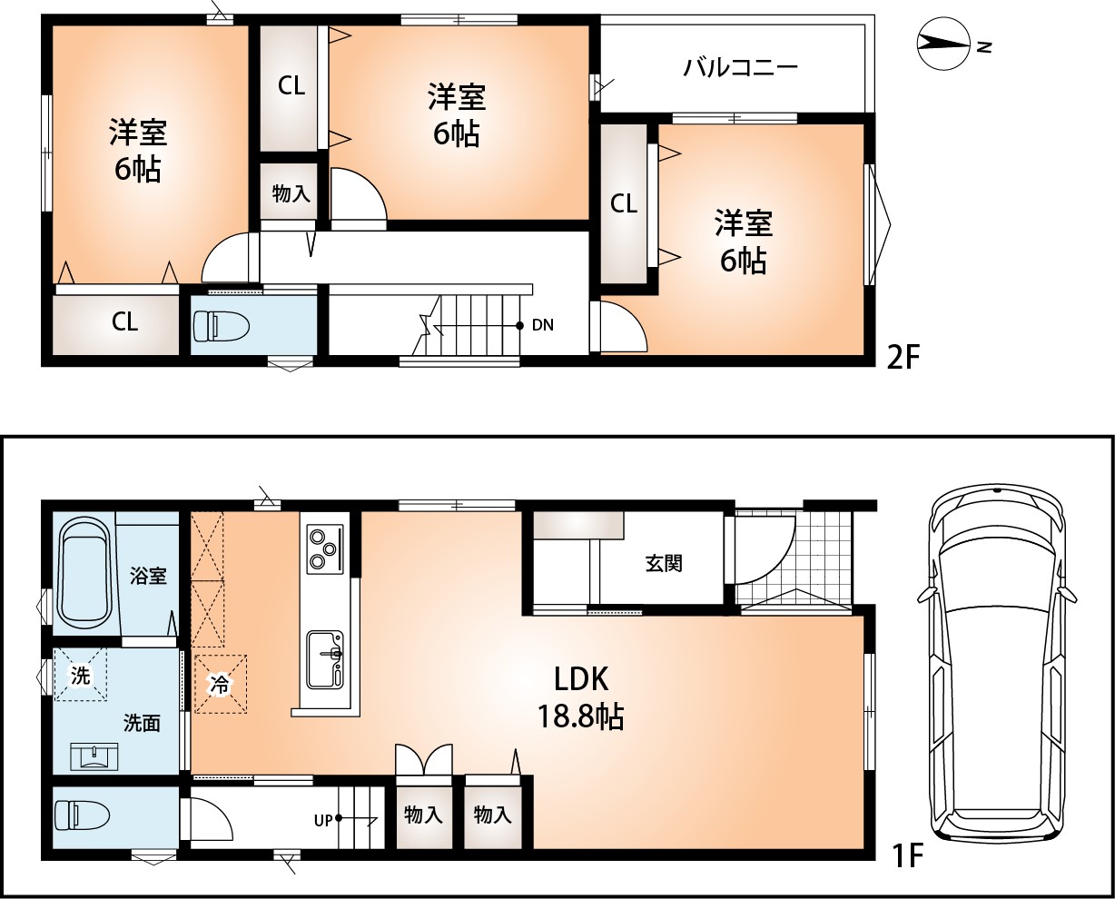 参考プラン例 1階47.20㎡・2階44.71㎡ 延床面積91.91㎡(間取) 参考プラン例 1階47.20㎡・2階44.71㎡ 延床面積91.91㎡(間取)
