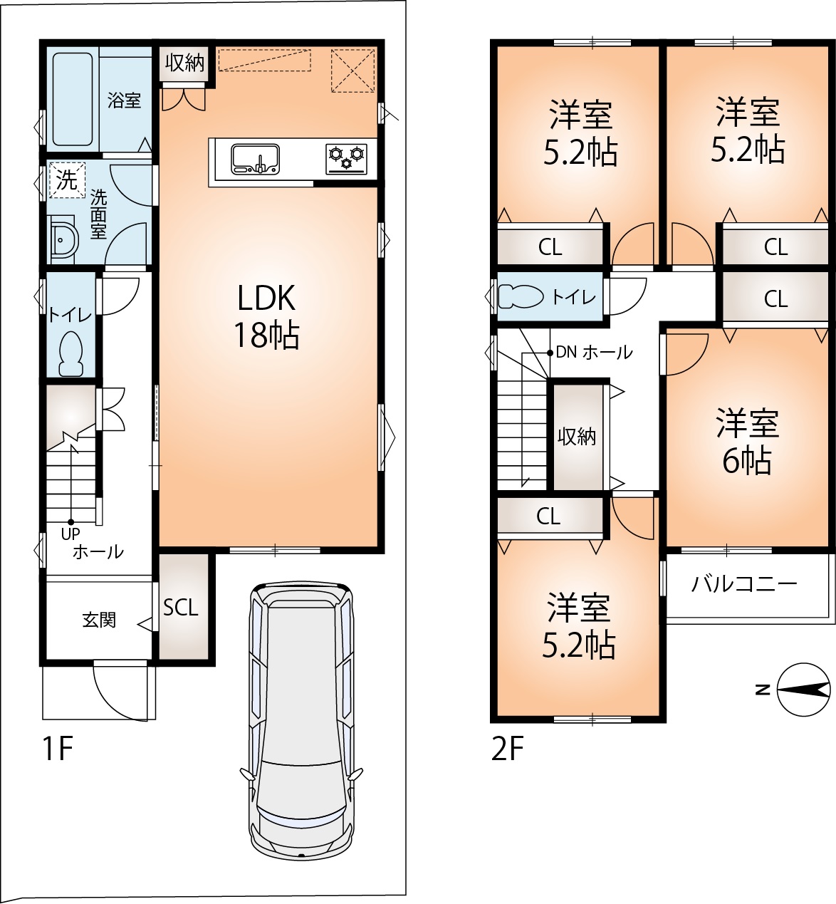 A号地　参考プラン図　延べ床面積102.60㎡　建物価格2,048万円　セット価格5，671万円(間取)