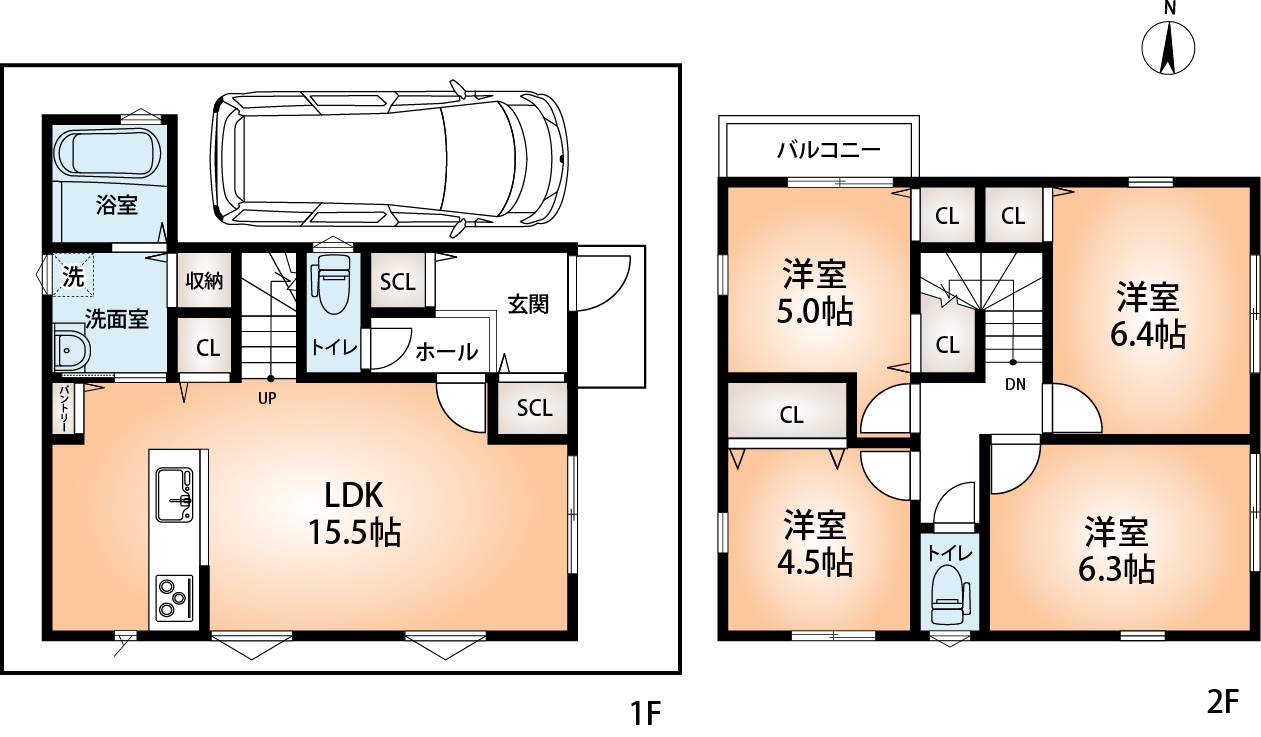 建物プラン例(Ａ号地)4LDK、土地価格3285万9000円、土地面積80.47m2、建物価格1841万4000円、建物面積92.25m2(間取)