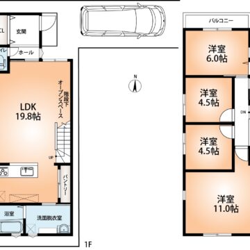 建物プラン例(Ｃ号地)4LDK、土地価格3631万円、土地面積120.05m2、建物価格2117万9000円、建物面積106.11m2(間取)