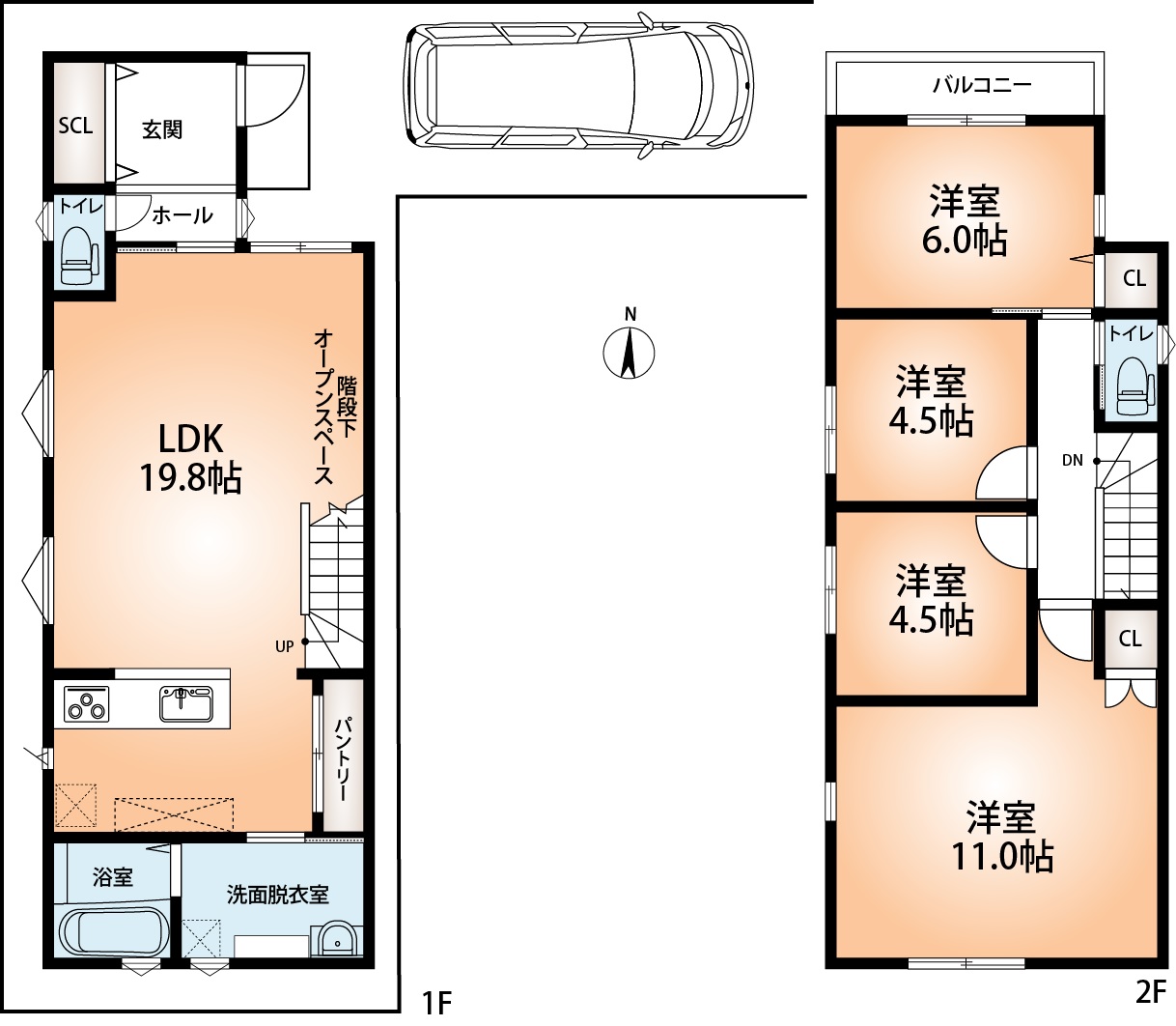 建物プラン例(Ｃ号地)4LDK、土地価格3631万円、土地面積120.05m2、建物価格2117万9000円、建物面積106.11m2(間取)