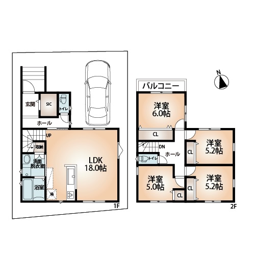 建物プラン例(Ｂ号地)4LDK、土地価格3868万7500円、土地面積102.33m2、建物価格2005万800円、建物面積100.44m2(間取)