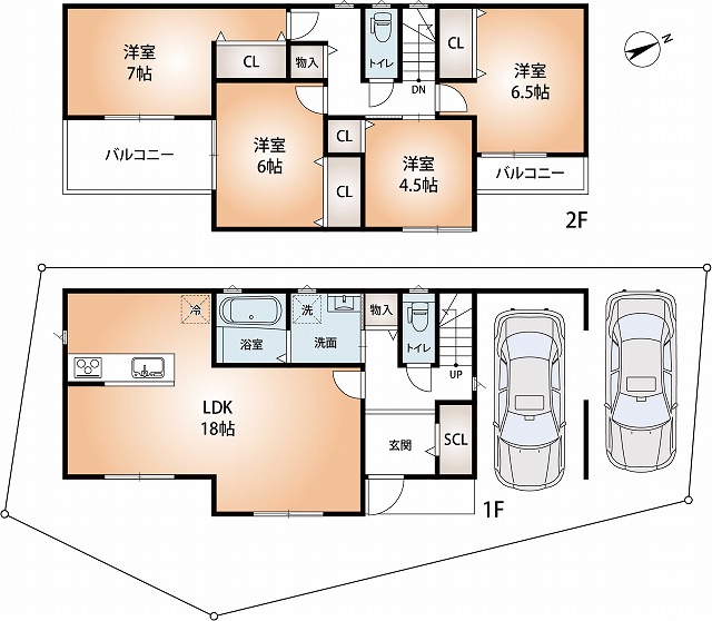2階建参考プラン（価格2,080万円・1階60.21㎡・2階53.46㎡：延113.67㎡）