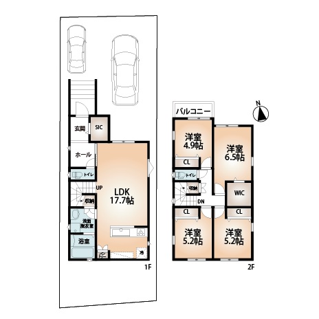 建物プラン例(Ｃ号地)4LDK、土地価格4379万1000円、土地面積131.62m2、建物価格2048万6400円、建物面積102.6m2(間取)
