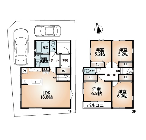 建物プラン例(Ａ号地)4LDK、土地価格4033万9000円、土地面積102.6m2、建物価格2037万4200円、建物面積102.06m2(間取)