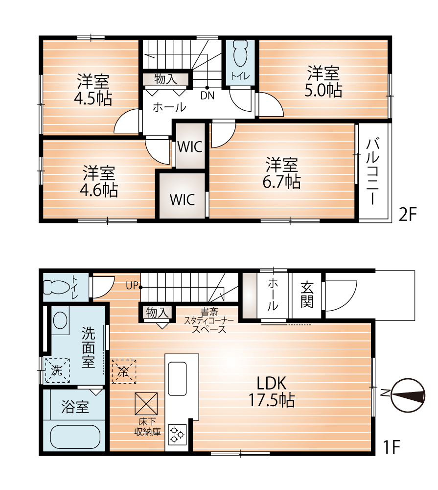 (1号棟)4LDK、土地面積108.88m2、建物面積89.53m2(間取)