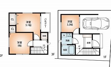 プラン確定。建物価格2,300万円・1階17.34㎡・2階24.66㎡・3階22.86㎡:延べ床面積:64.86㎡ プラン確定。建物価格2,300万円・1階17.34㎡・2階24.66㎡・3階22.86㎡:延べ床面積:64.86㎡