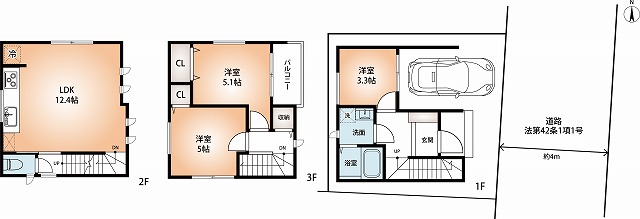 プラン確定。建物価格2,300万円・1階17.34㎡・2階24.66㎡・3階22.86㎡:延べ床面積:64.86㎡ プラン確定。建物価格2,300万円・1階17.34㎡・2階24.66㎡・3階22.86㎡:延べ床面積:64.86㎡