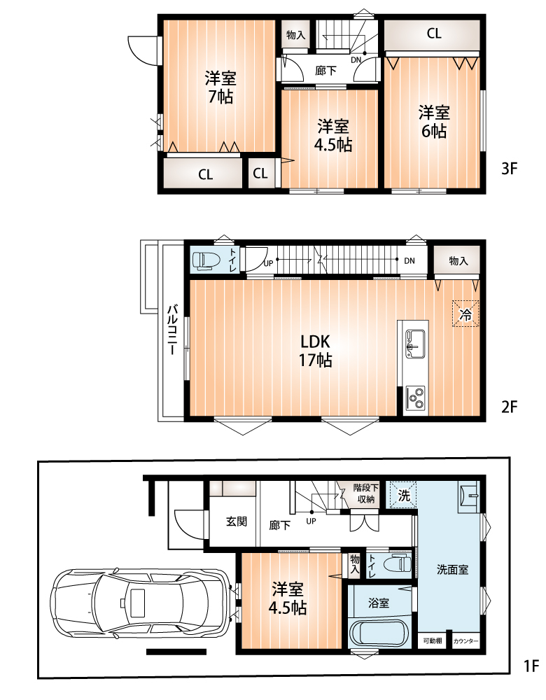 建物価格1，980万円＝参考プラン図：1階36.86㎡・2階36.05㎡・3階38.64㎡※間取変更可(間取)