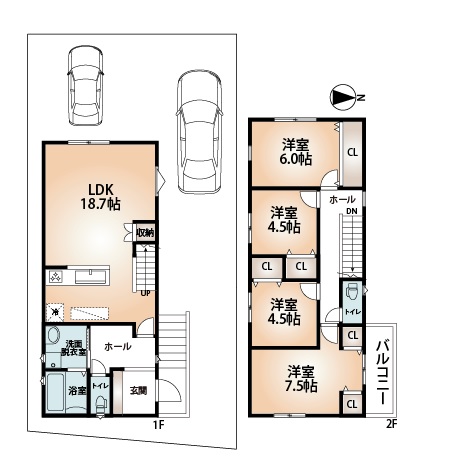 建物プラン例(D号地)4LDK、土地価格4316万4000円、土地面積129.74m2、建物価格2107万3000円、建物面積105.57m2 建物プラン例(D号地)4LDK、土地価格4316万4000円、土地面積129.74m2、建物価格2107万3000円、建物面積105.57m2