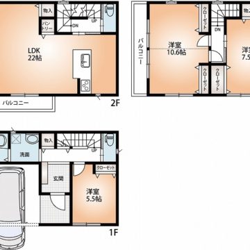 参考ﾌﾟﾗﾝ　建物2480万：延面積110.16㎡・1階27.54㎡・2階43.74㎡・3階38.88㎡