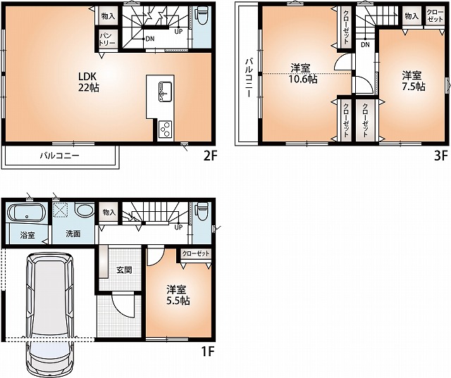参考ﾌﾟﾗﾝ　建物2480万：延面積110.16㎡・1階27.54㎡・2階43.74㎡・3階38.88㎡