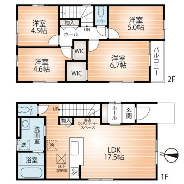 (1号棟)4LDK、土地面積108.88m2、建物面積89.53m2(間取) (1号棟)4LDK、土地面積108.88m2、建物面積89.53m2(間取)